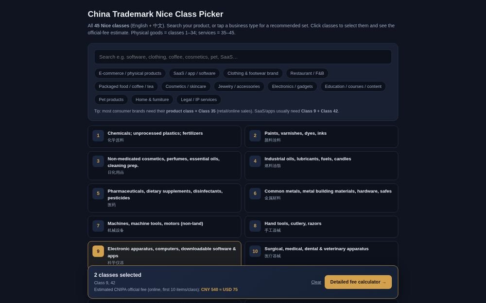 Nice Class Picker showing all 45 trademark classes in English and Chinese