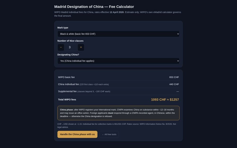 Madrid Designation of China fee calculator showing WIPO basic fee and China individual fee