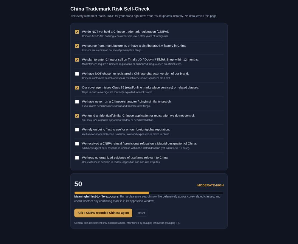 China Trademark Risk Self-Check showing first-to-file and squatting exposure score